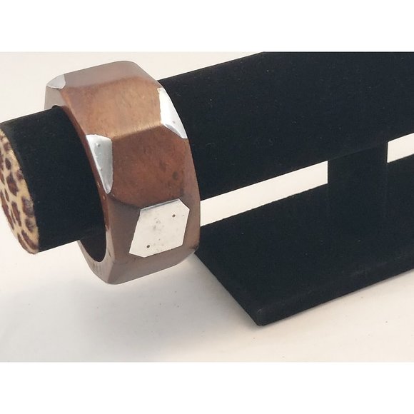 Vtg  Statement Artisan Studio Modernist Wood Metal Bangle bracelet chunky 1.5" - Picture 4 of 8